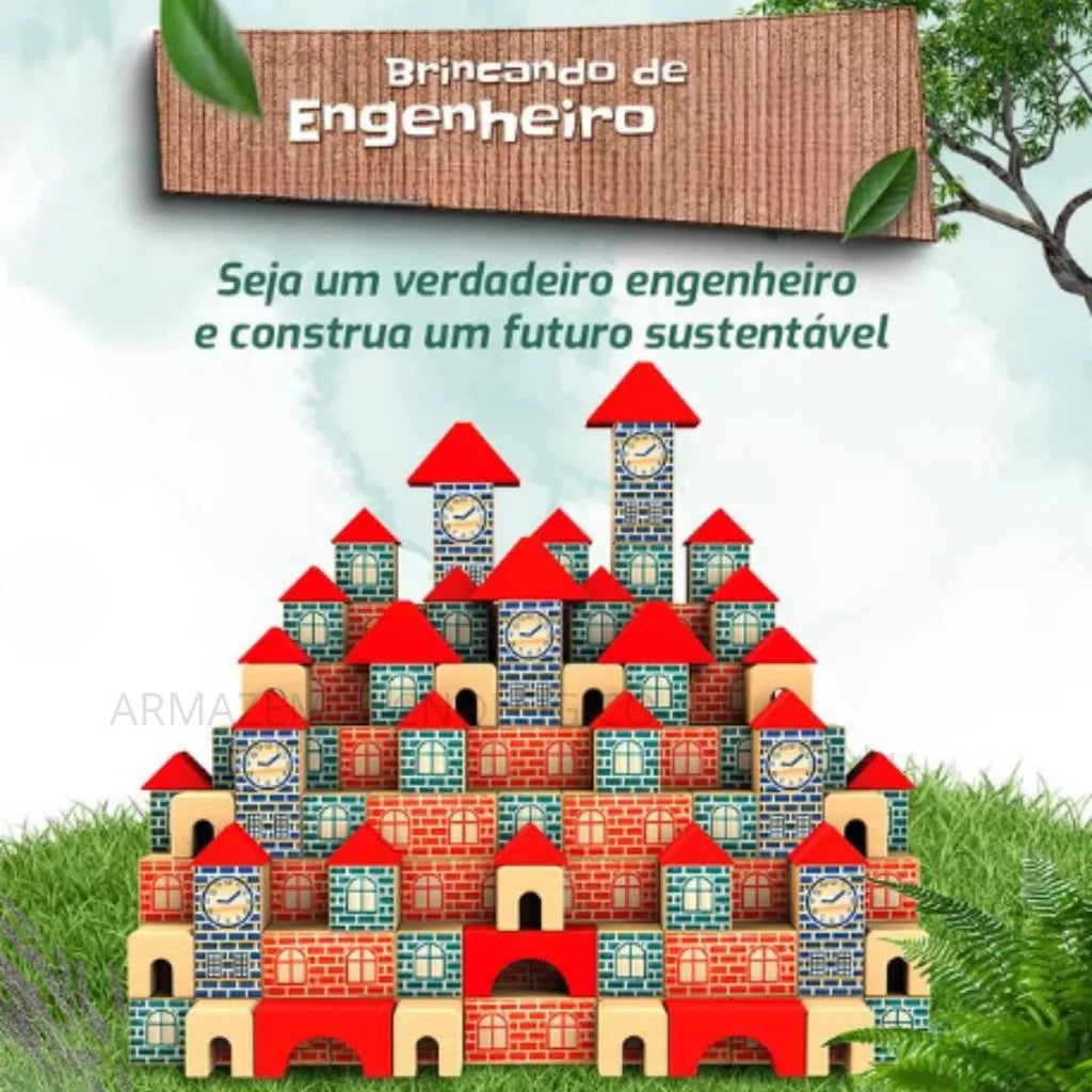 Blocos de Montar Brincando de Engenheiro 300 Peças | Brinquedo Educativo Pedagógico em Madeira 3+ – Brincaae