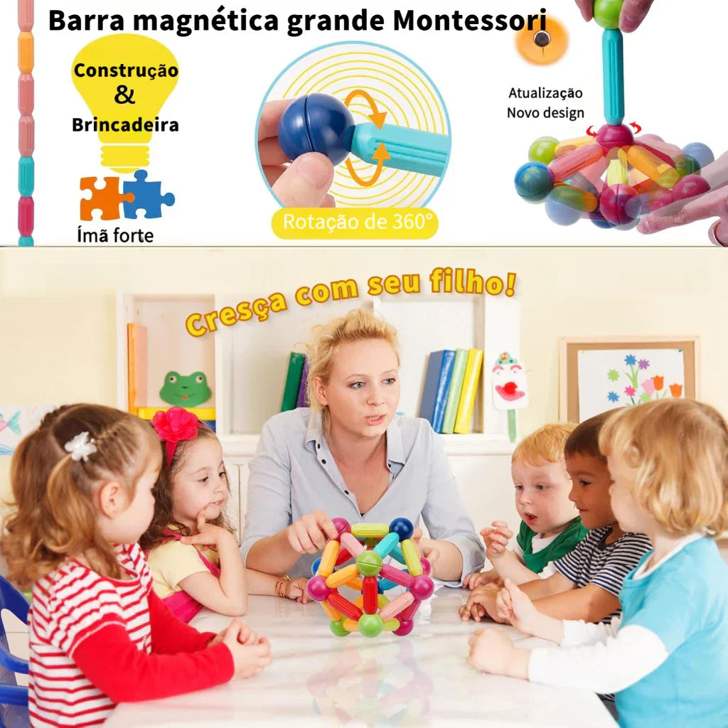Blocos Magnéticos Montessori 42 Peças – Bolas e Varas Educativo | Brincaae