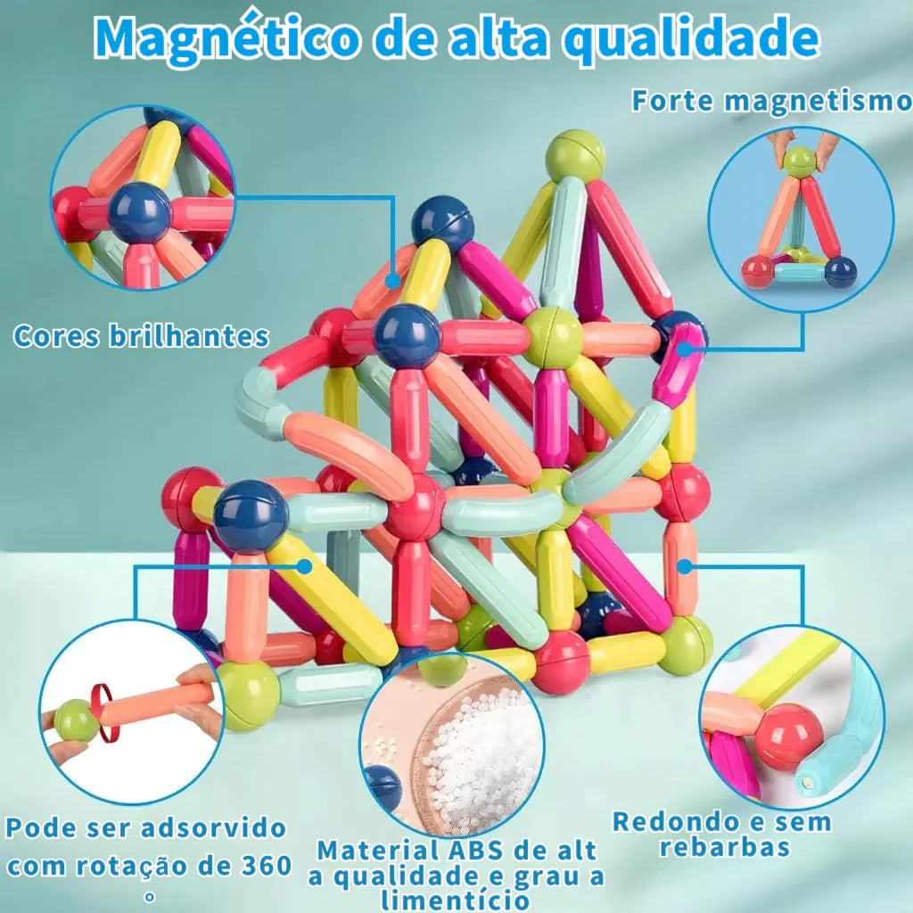 Blocos Magnéticos Montessori 42 Peças – Bolas e Varas Educativo | Brincaae