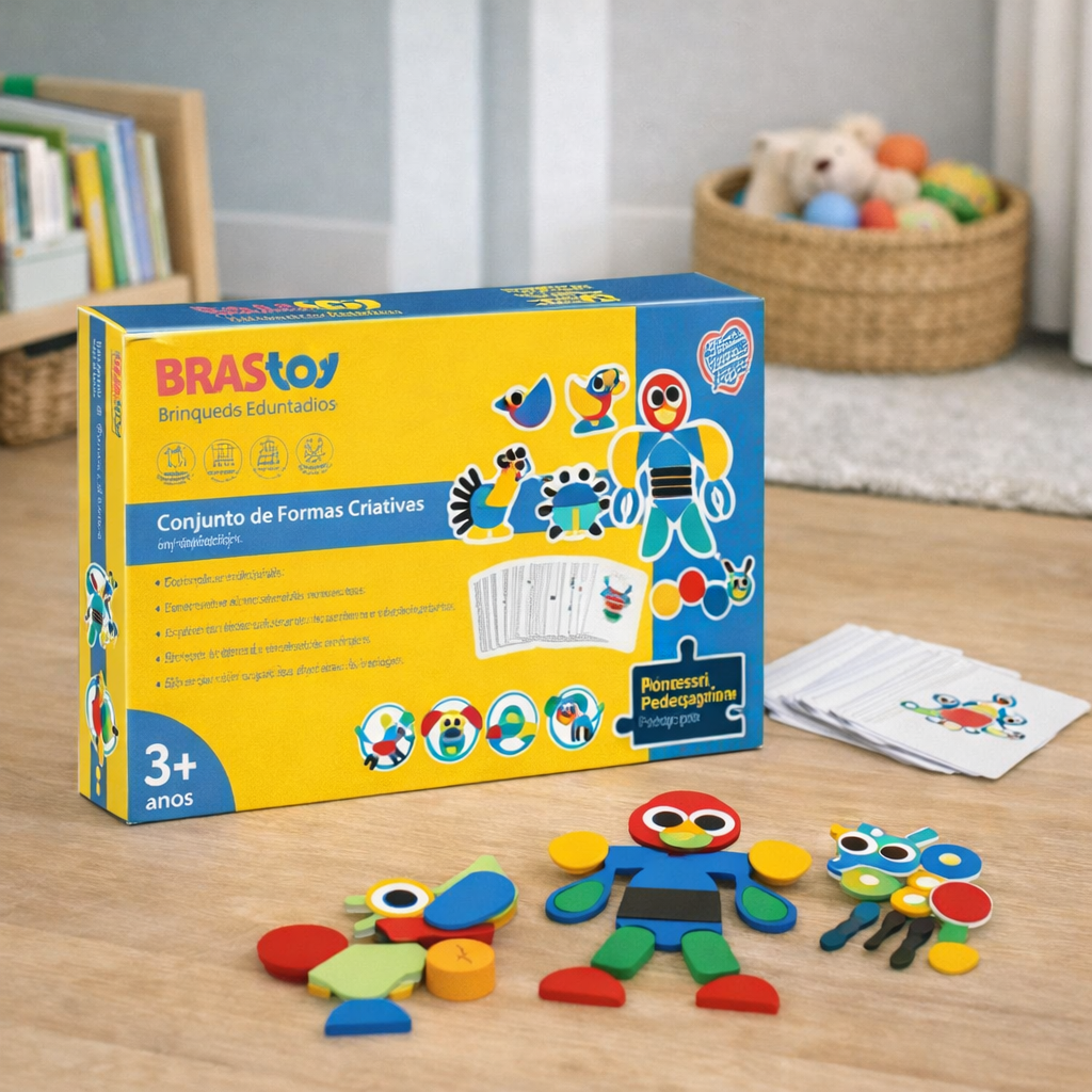 Quebra-Cabeça de Formas em Madeira Montessori | 36 Blocos + 60 Cartas Educativas 3+ – Brincaae