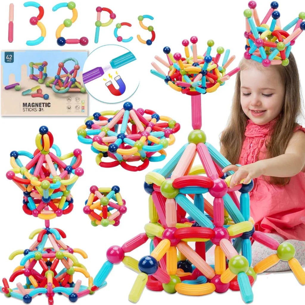 Blocos Magnéticos Montessori 42 Peças – Bolas e Varas Educativo | Brincaae