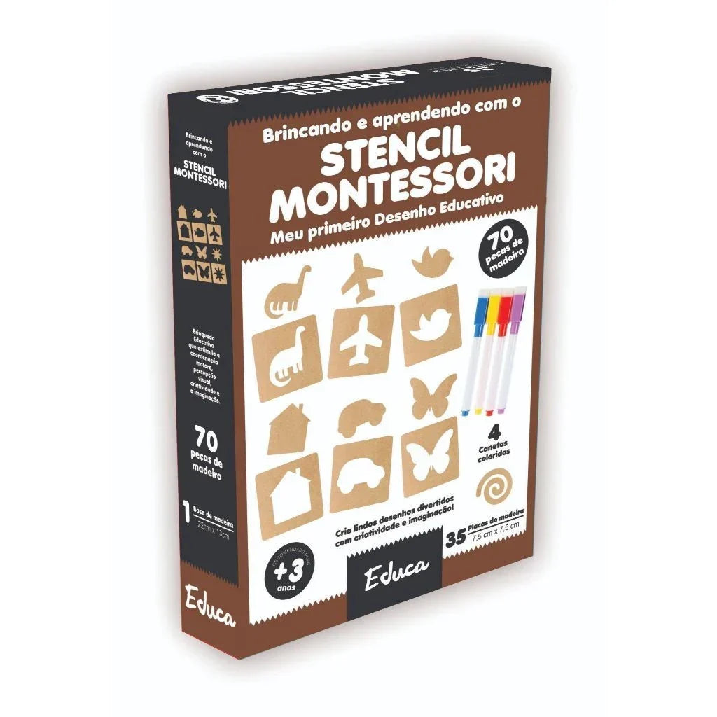 Stencil Montessori de Madeira para Desenho | 70 Peças + 4 Canetas Educativas para Crianças – Brincaae