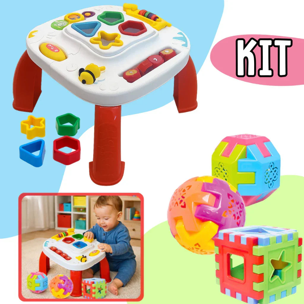 Kit Mesinha Educativa Infantil + 3 Cubos Didáticos | Brinquedo Interativo Sensorial para Bebês +12 Meses – Brincaae