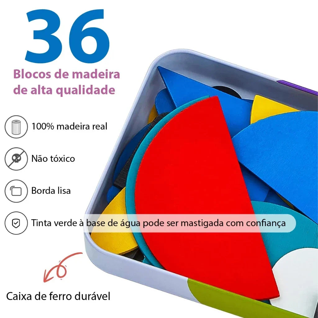 Quebra-Cabeça de Formas em Madeira Montessori | 36 Blocos + 60 Cartas Educativas 3+ – Brincaae