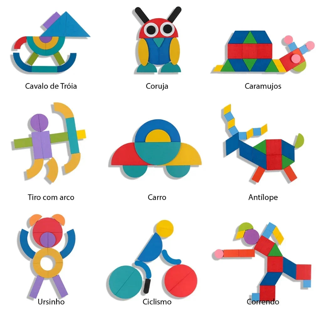 Quebra-Cabeça de Formas em Madeira Montessori | 36 Blocos + 60 Cartas Educativas 3+ – Brincaae