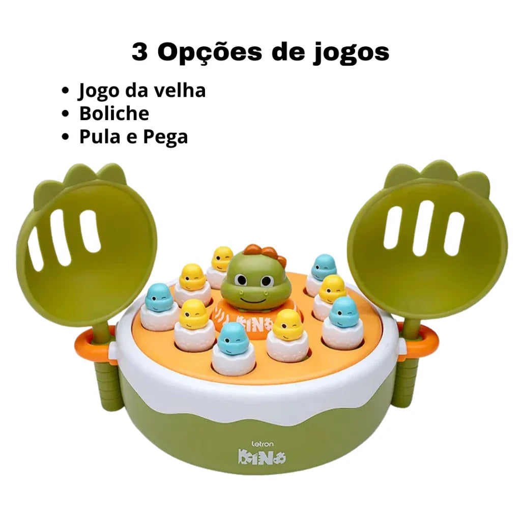 Jogo Dino 3 em 1 Interativo com Música – Boliche, Jogo da Velha e Pula & Pega | Brincaae