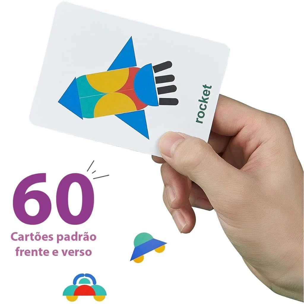 Quebra-Cabeça de Formas em Madeira Montessori | 36 Blocos + 60 Cartas Educativas 3+ – Brincaae