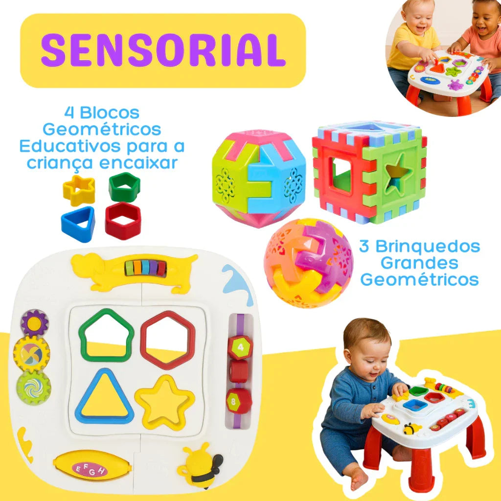 Kit Mesinha Educativa Infantil + 3 Cubos Didáticos | Brinquedo Interativo Sensorial para Bebês +12 Meses – Brincaae