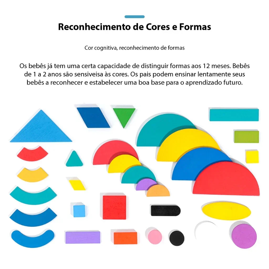 Quebra-Cabeça de Formas em Madeira Montessori | 36 Blocos + 60 Cartas Educativas 3+ – Brincaae