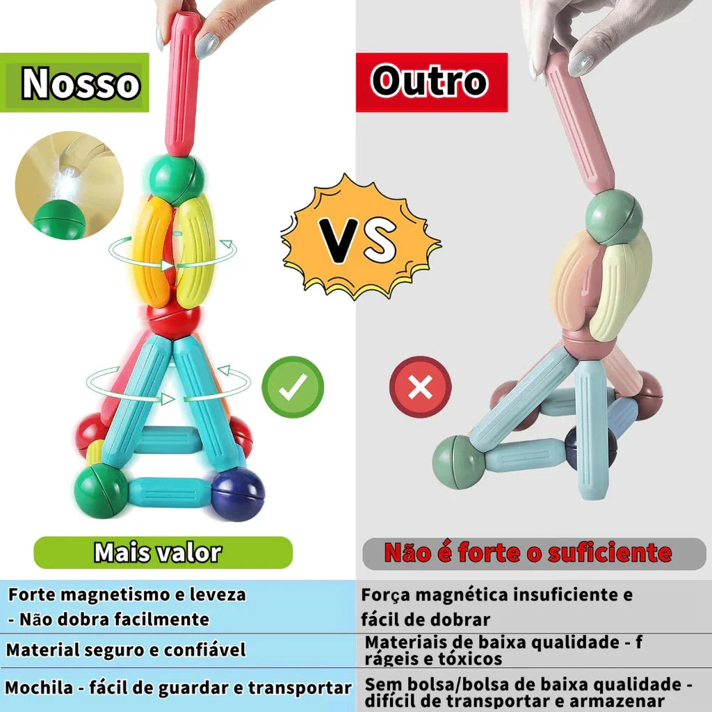 Blocos Magnéticos Montessori 42 Peças – Bolas e Varas Educativo | Brincaae