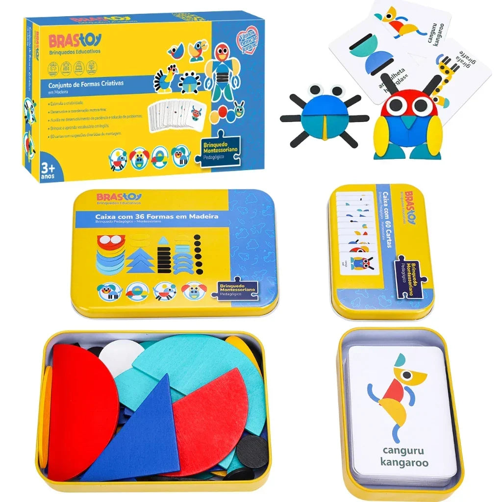 Quebra-Cabeça de Formas em Madeira Montessori | 36 Blocos + 60 Cartas Educativas 3+ – Brincaae