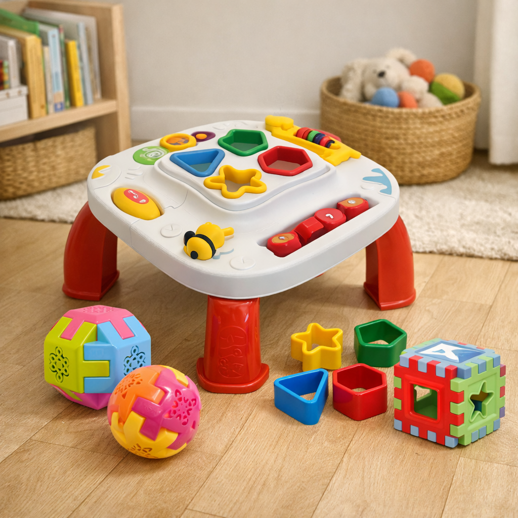 Kit Mesinha Educativa Infantil + 3 Cubos Didáticos | Brinquedo Interativo Sensorial para Bebês +12 Meses – Brincaae