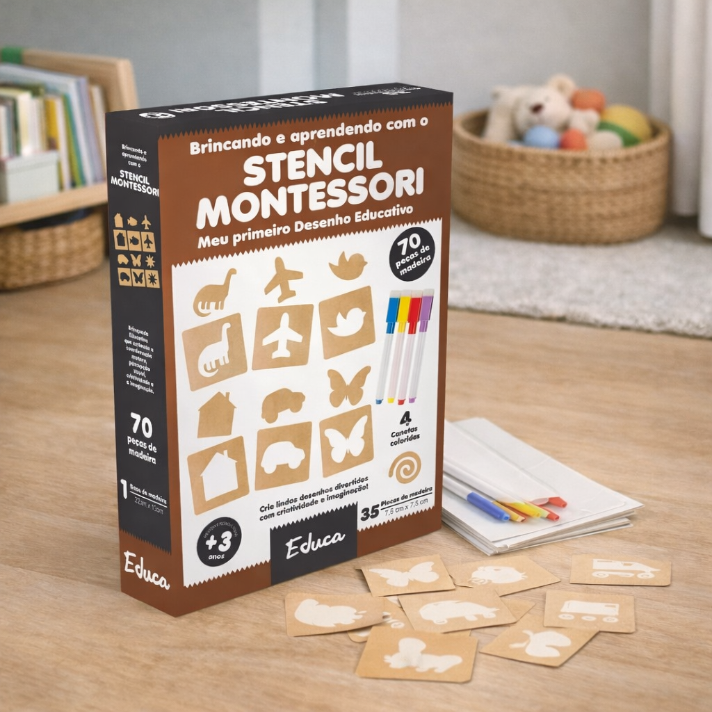 Stencil Montessori de Madeira para Desenho | 70 Peças + 4 Canetas Educativas para Crianças – Brincaae