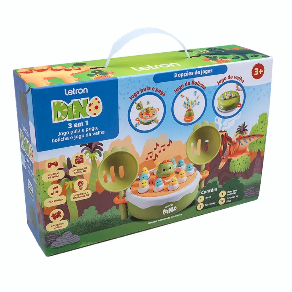 Jogo Dino 3 em 1 Interativo com Música – Boliche, Jogo da Velha e Pula & Pega | Brincaae